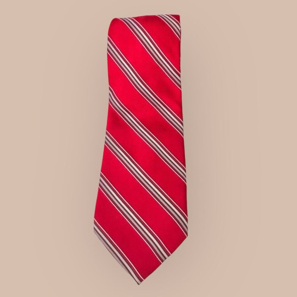 Bugatti Red & Grey Beige Striped Silk Tie Hand Sewn with Logo